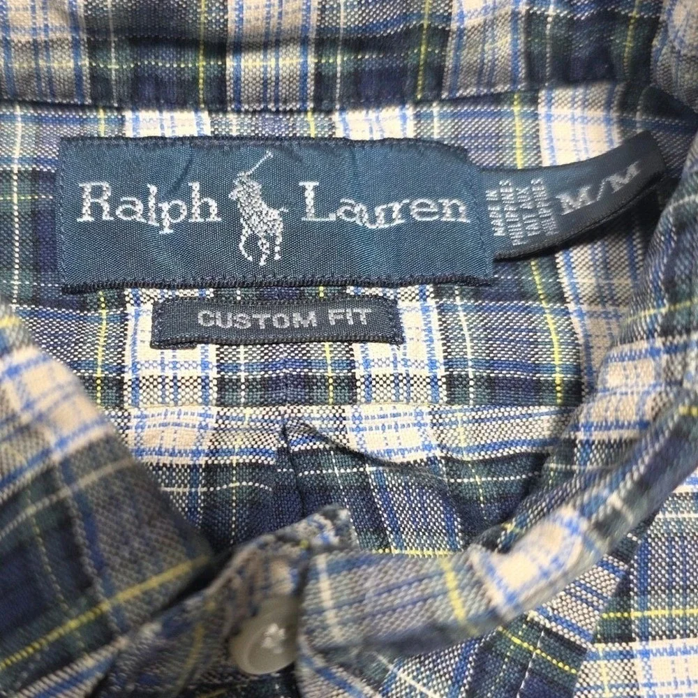 Ralph Lauren Button Down Shirt Mens Medium Blue Plaid Custom‎ Fit Long Sleeve
